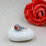 Ethnic Tribal Designer Fashion Ring for Women, Red Coral Gemstone 925 Sterling Silver Tibetan Gypsy Bohemian Boho Fashion Designer Finger Jewelry Handmade By Artisans, Size P1/2