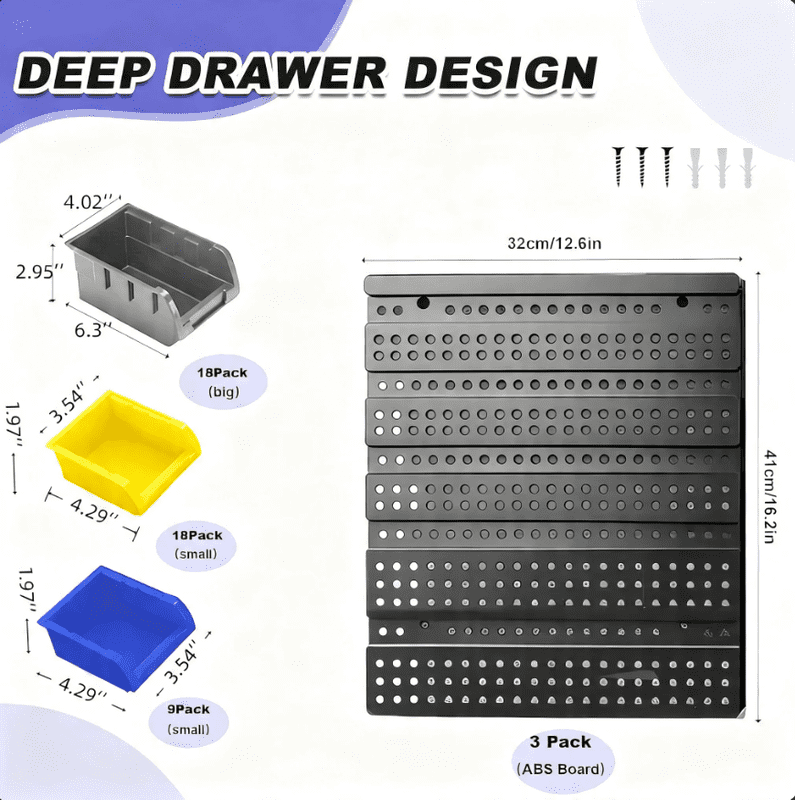45 Pcs Wall Mount Storage Bins, Hardware Organizer Rack for Tools, Screws, Nuts & Bolts