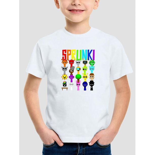 Boys' Fun Cartoon Character Graphic T-Shirt - "SPUNKI" Design with Colorful Alien Figures, Lightweight & Comfortable Short Sleeve Tee for Summer Outdoor Play, Cartoon Tshirt