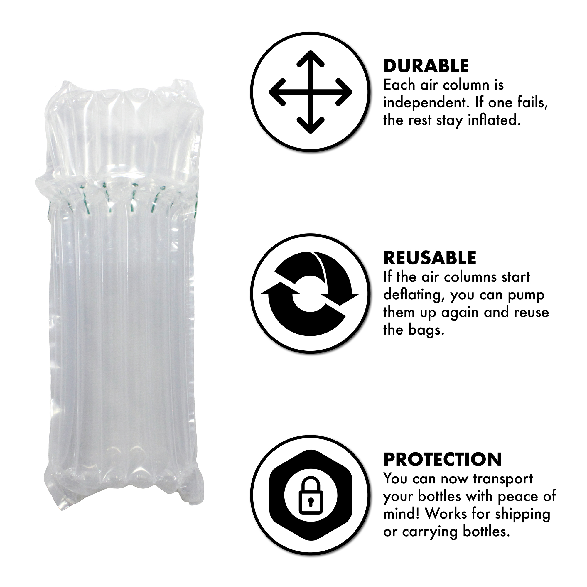 Wine Bottle Protector Bags 15 Pack - Inflatable Air Column Cushioning Sleeves Packaging Ensures Safe Transportation of Glass Bottles during Travel or Shipping with Free Pump - image 2 of 7