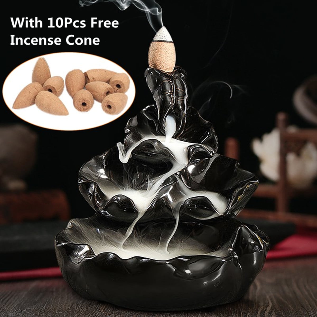 Buddhist Ceramic Glaze Incense Burner Cones Backflow Censer Black Tower Holder 