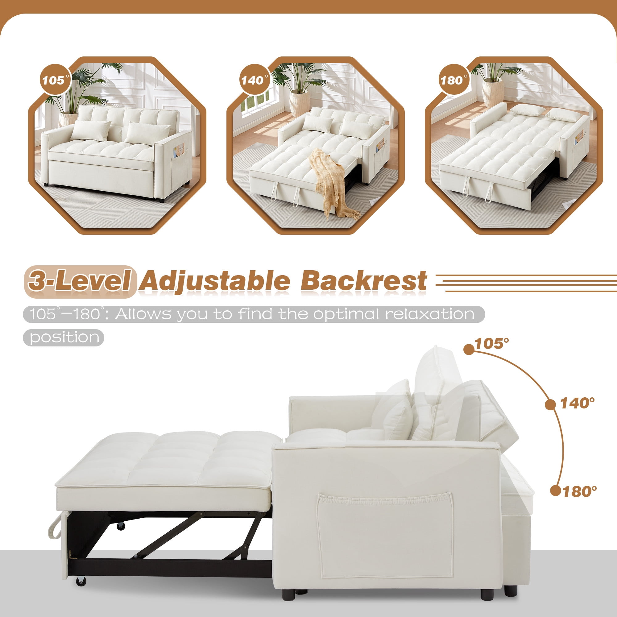Lunale 4-in-1 Convertible Futon Sofa Bed, Pull Out Couch Beds Loveseat Sleeper, Beige Velvet