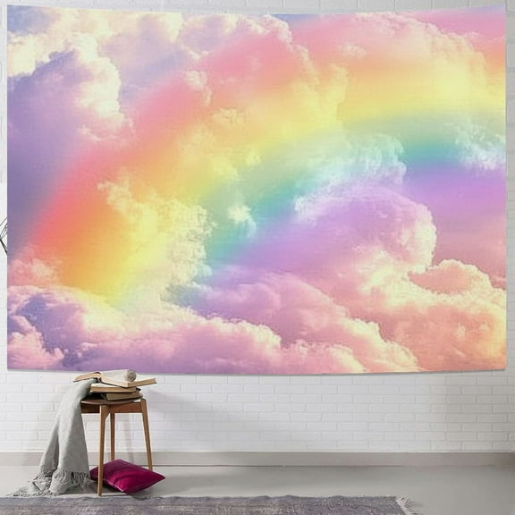 Creowell  Rainbow Tapestry Pink, Cute Girly Tapestry Wall Hanging Fantasy Fairy Sky Cloud Tapestry for Kids Room Girls Bedroom Toddler Nursery Wall Decor