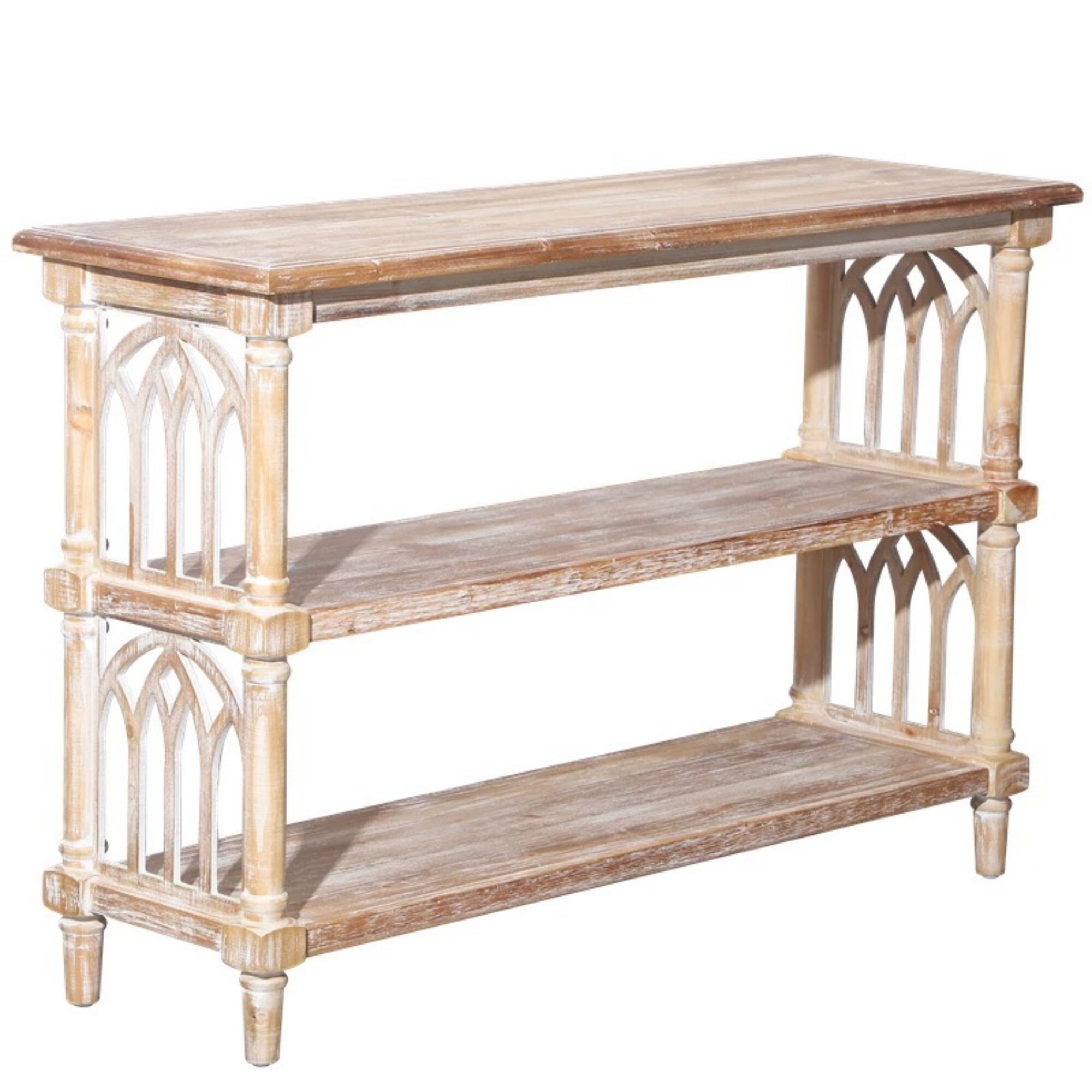 AENKYO 3-Tier Gothic Hallway Console Table, Distressed Finish Entryway Table for Living Room, Antique Natural Color