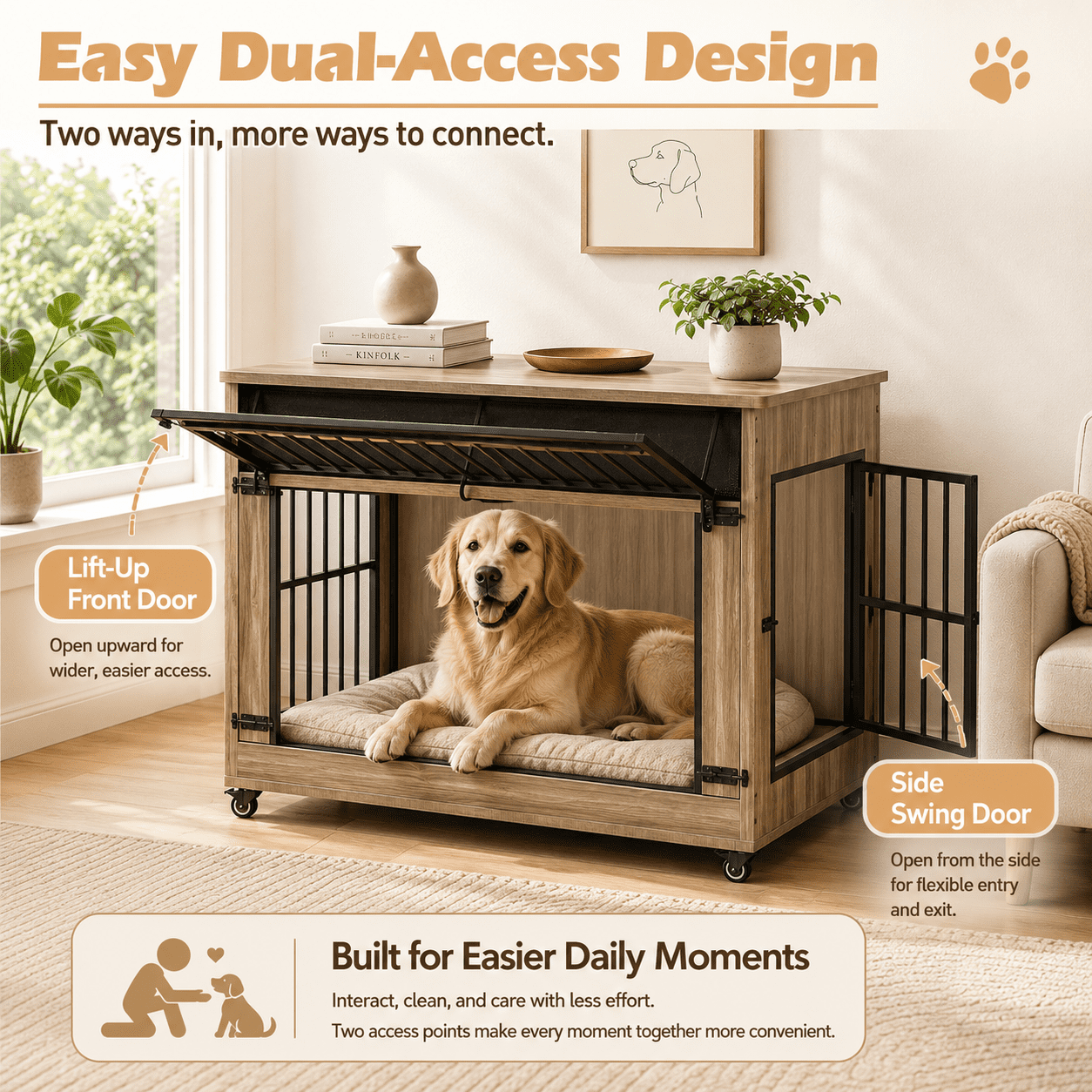 Aukfa 46-Inch Large Dog Crate Furniture, Indoor Dog Kennel Decorative Pet Cage End Table, Lift-Up Door, Curtain & Wheels,Greige