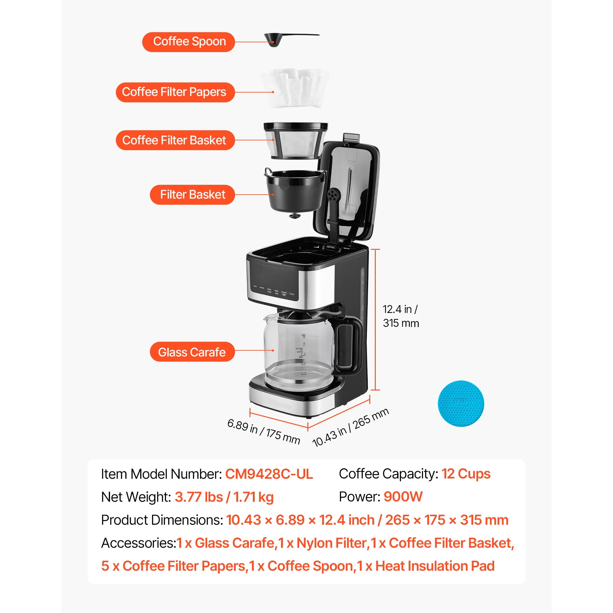 KFFKFF Programmable 12-Cup Drip Coffee Maker with Touch Screen, 4-Hour Keep Warm Function, Adjustable Brew Strength, and 24-Hour Timer for Home Use