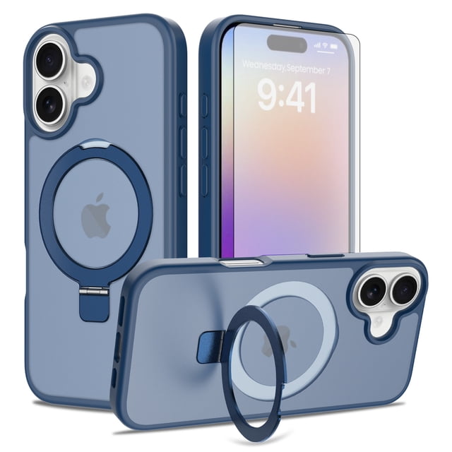 Asuwish Phone Case for iPhone 17 6.3 inch Tempered Glass Screen Protector Magnetic Folding Stand Frosted Translucent Rugged Shockproof Protective Cell Cover i Phone17 i17 17Case Women Men Blue