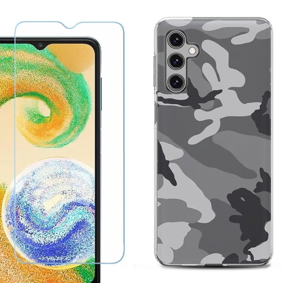 Shockproof Gel Phone Case for Samsung Galaxy A14 5G, with Tempered Glass Screen Protector, by OneToughShield ® - Camo B/W