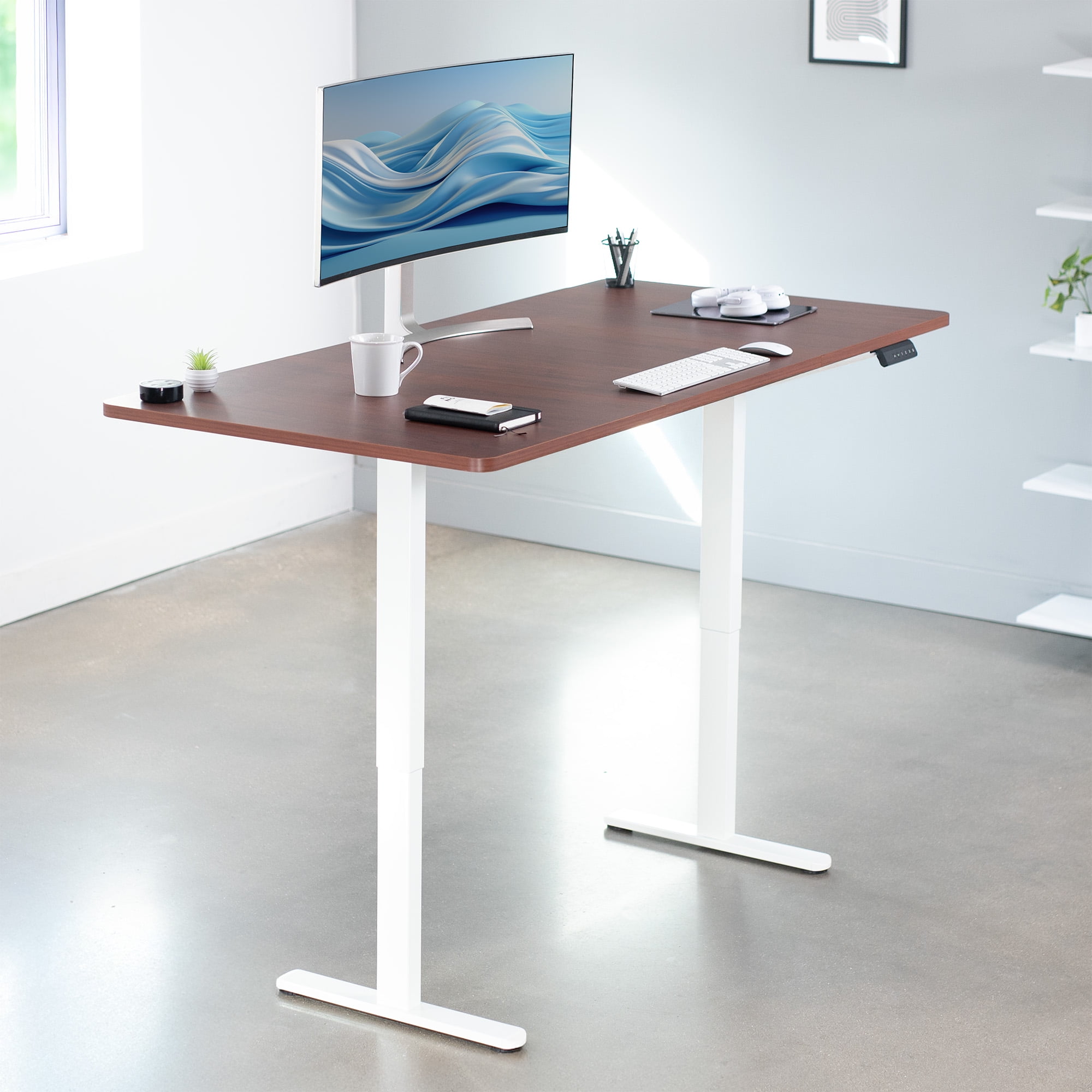 VIVO Electric Dual Motor 71” x 36” Standing Desk, Dark Walnut Top, White Frame
