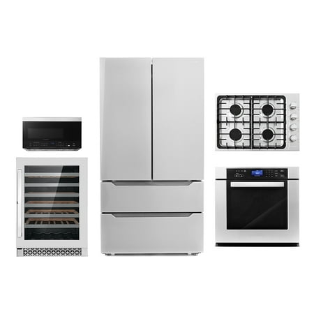 5 Piece Kitchen Package With 30  Gas Cooktop 36  Island Range Hoood 30  Single Electric Wall Oven 30  Over-the-range Microwave & French Door Refrigerator