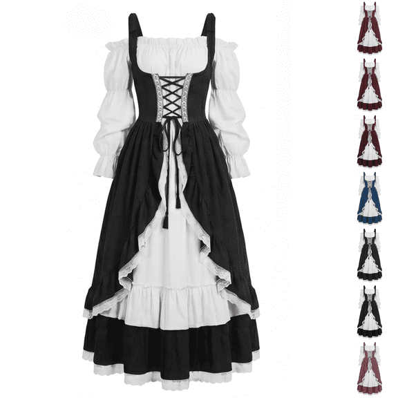 Vintage Renaissance Women Long Dress Lace Corset Bust Tiered Ruffle Hem Off Shoulder Puff Sleeve Dress Black M