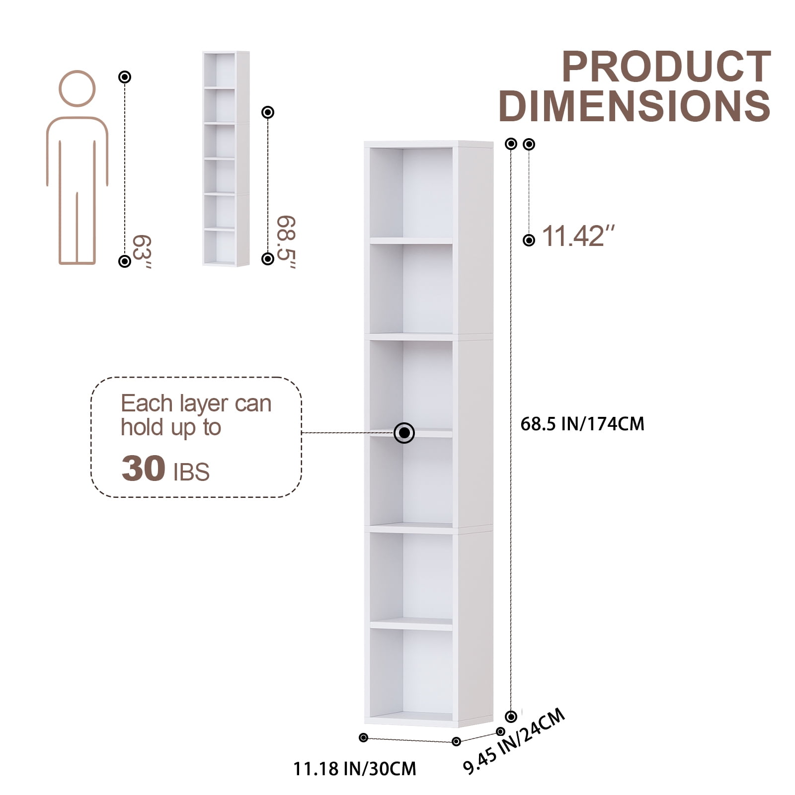 ALISENED 6 Cube Tall Skinny Bookcase, Narrow Organizer Shelf, Wood Corner Bookshelf, Storage Shelves