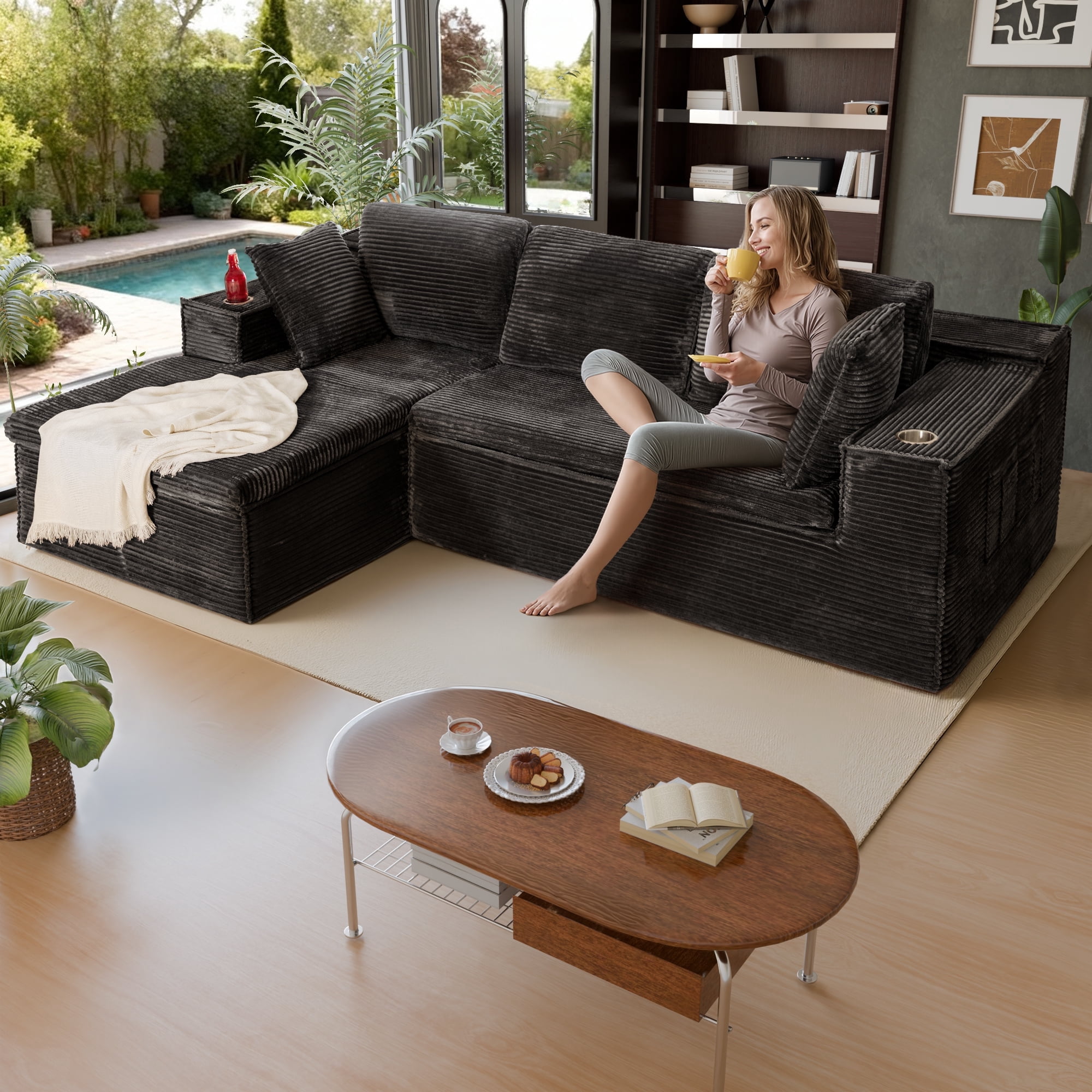 Homall 109" L-Shape Memory Foam Modular Sectional Sofa 3 Seat Oversized Upholstered Deep Seat Sofa Couch for Living Room,Bedroom and Apartment,Black