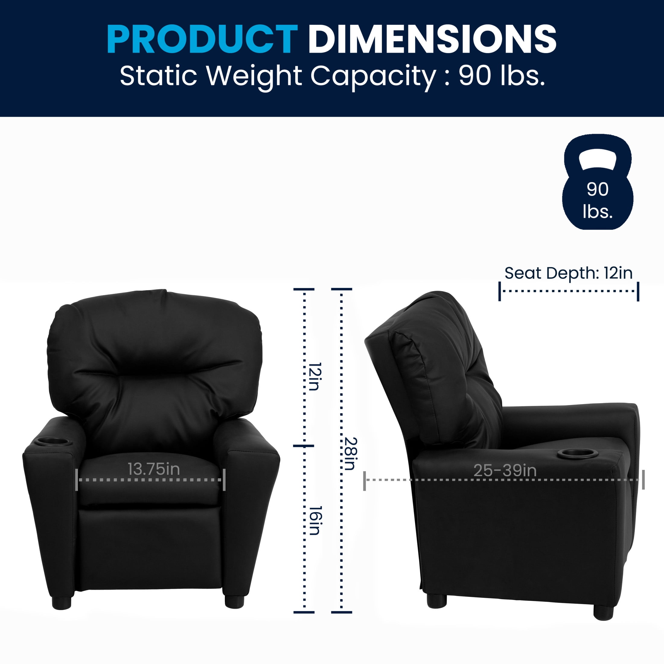 Flash Furniture Chandler Contemporary Black LeatherSoft Kids Recliner with Cup Holder