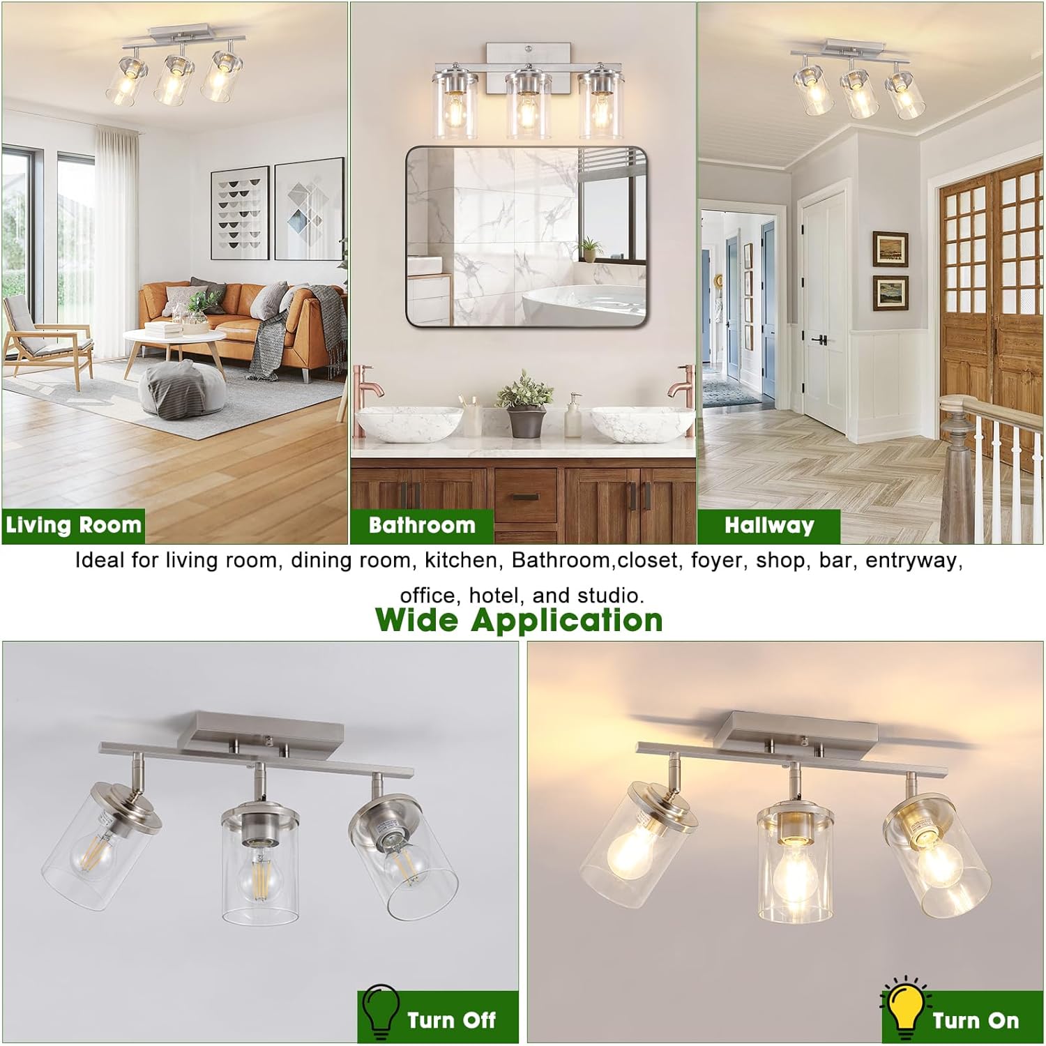 3-Light Track Lighting Brushed Nickel Semi Flush Mount Ceiling Light with Clear Glass Shades Multi-Directional Track Spotlights for Kitchen Hallway Bathroom, Bulb Not Included