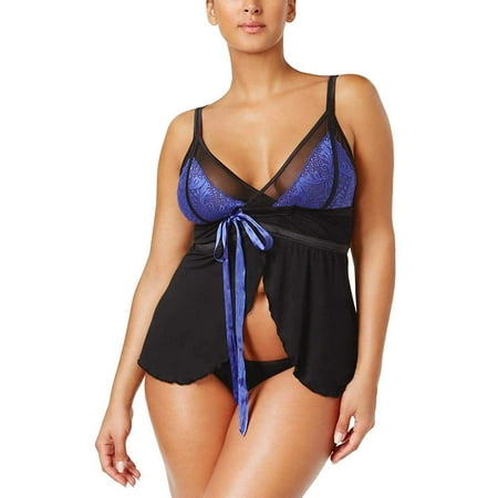 Womens Plus Size Lace Babydoll and Thong 2X Blue Black