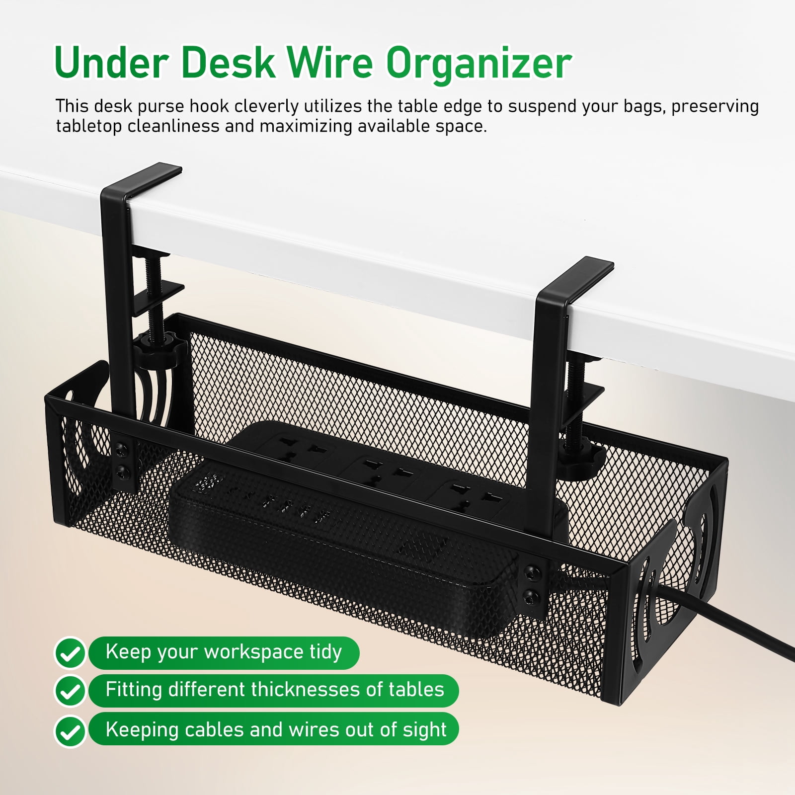 WEUVEB Black Clamp-On Under-Desk Cable Organizer Tray, No Drill Installation, Office Desk Wire Management Set