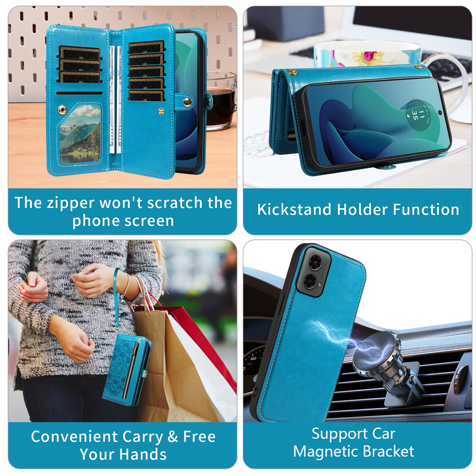 Asuwish Phone Case for Motorola Moto G 5G 2024 Zipper Wallet Detachable Cell Cover with Tempered Glass Screen Protector Crossbody Lanyard Strap Flower Flip Card Holder G5G 5 G G5 Women Men Girls Blue