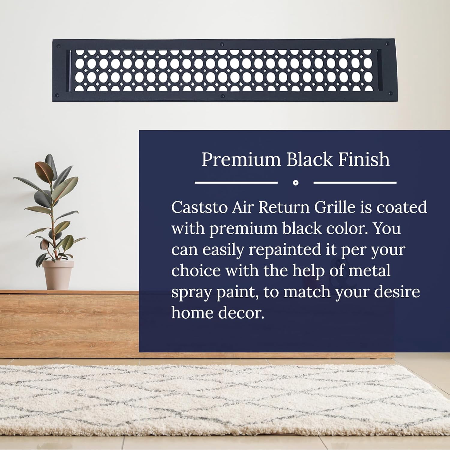 4"x30" Caststo Cast Aluminum Contemporary Design Air Return Grille | Overall 6"x32" | Black | Model-Oval (With Holes)