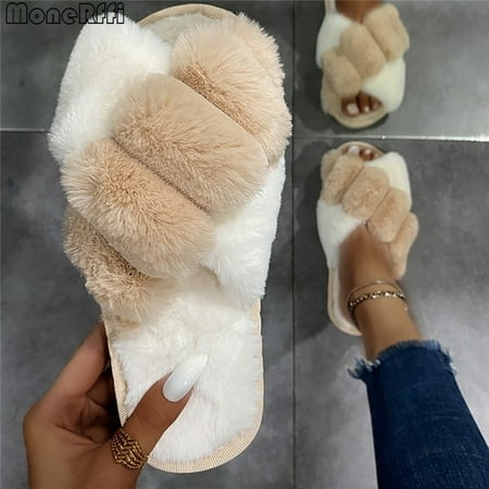 

QWZNDZG Winter Slippers Women Fashion Cross Fluffy Fur Slipper Home Slides Platform Flat Indoor Floor Flip Flops Women Ladies Shoes 2022