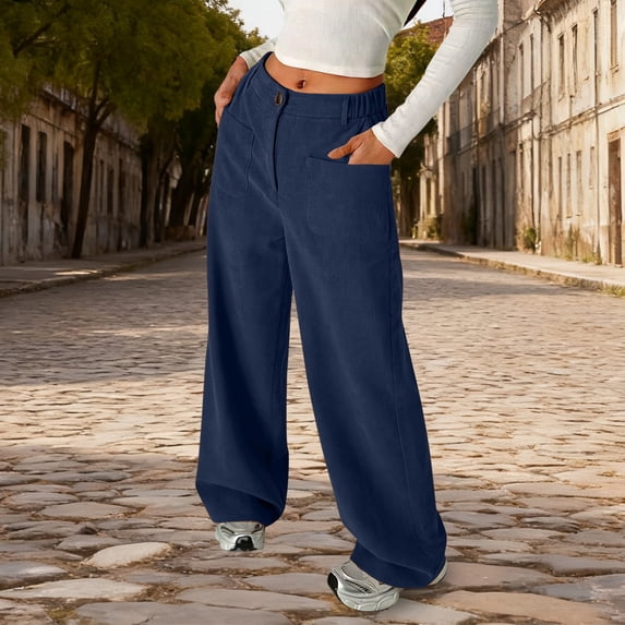 Girls Wide Leg Corduroy Pants with Pockets Vintage Baggy Pants High Waist Trousers for Girls Navy Uniform Pants Kids Girls Clothes Size 5-6 Years