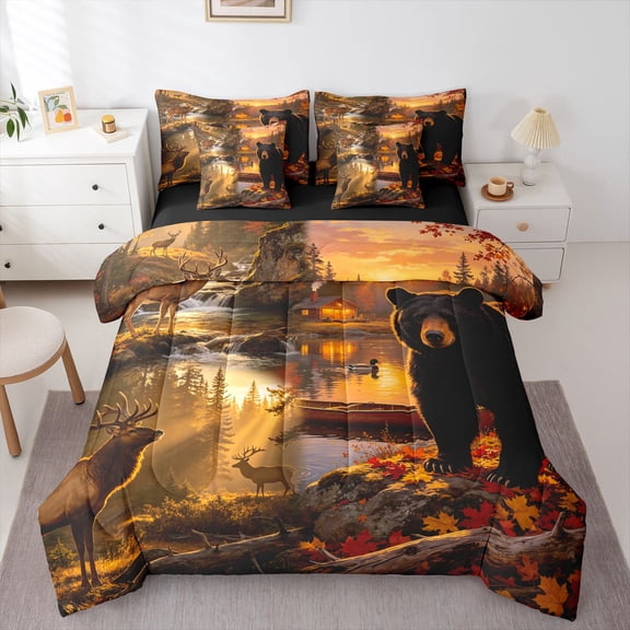 Manfei Black Bear 7-Piece Twin Bedding,Autumn Deer Pattern Bedding Comforter Set,Black Reversible