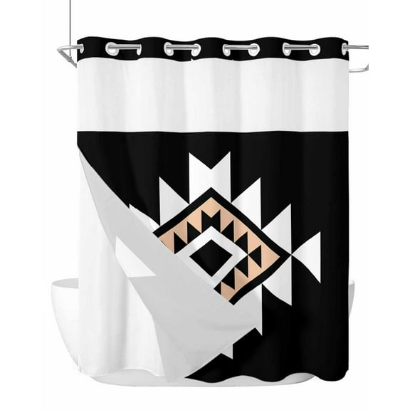 No Hook Cloth Fabric Shower Curtain with Snap in Liner, Black White Beige Boho Waterproof Shower Curtains Set with See Through Top Window, Western Geometric Aesthetic Bath Curtains Shower 66"x72"