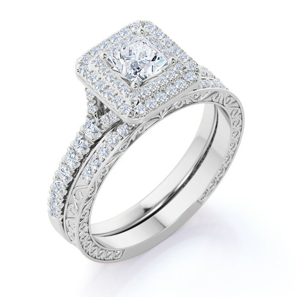 1.25 ct - Square Cut Moissanite - Pave Set - Split Band - Double Halo  Engagement Ring - Bridal Set - 18K White Gold over Silver