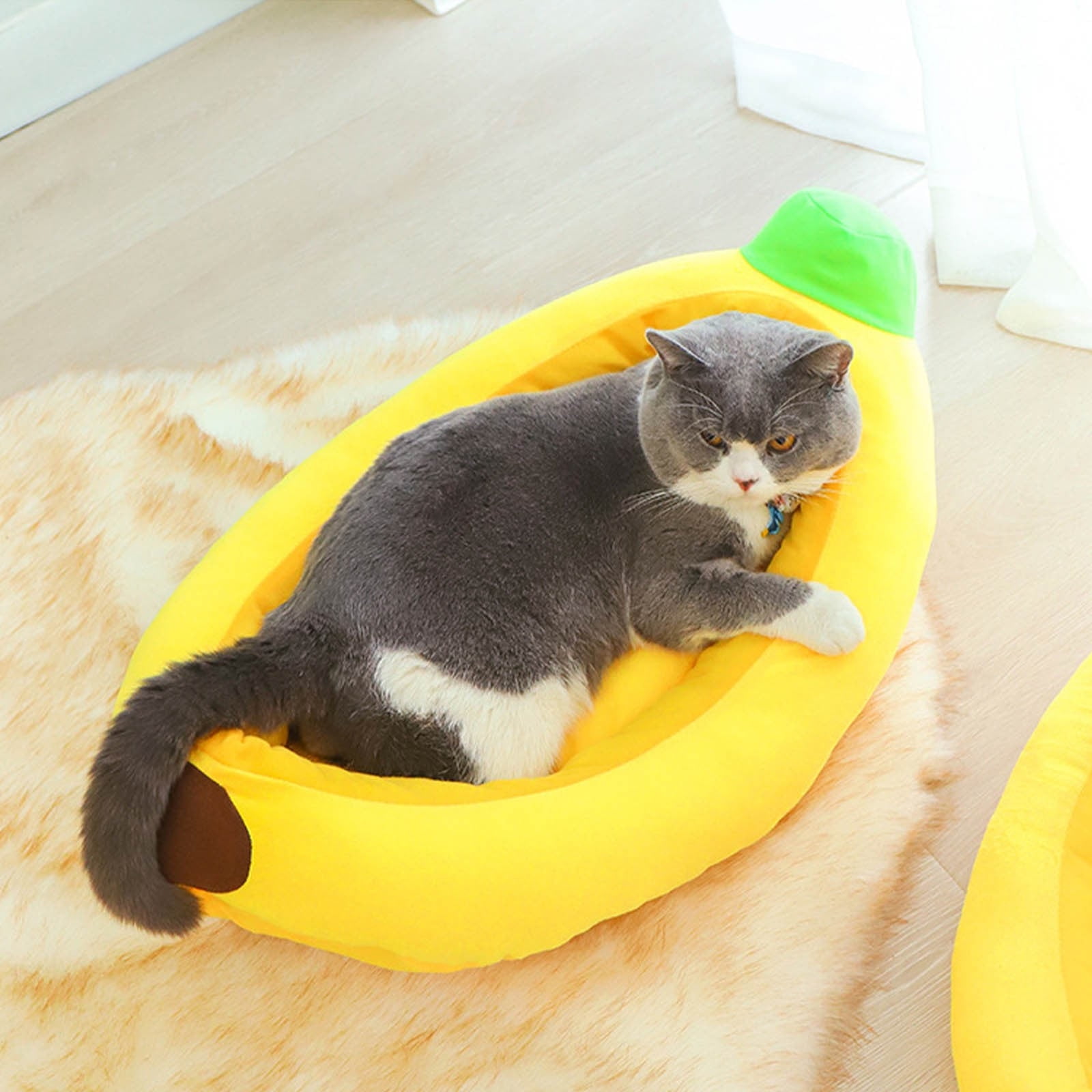 Banana Pet Bed, Washable Warming Plush Cat Bed Indoor Small Cat Dog House Calming Cat Mat Cozy Puppy Sleeping Bed All Season Pet Supplies with Removable Cushion