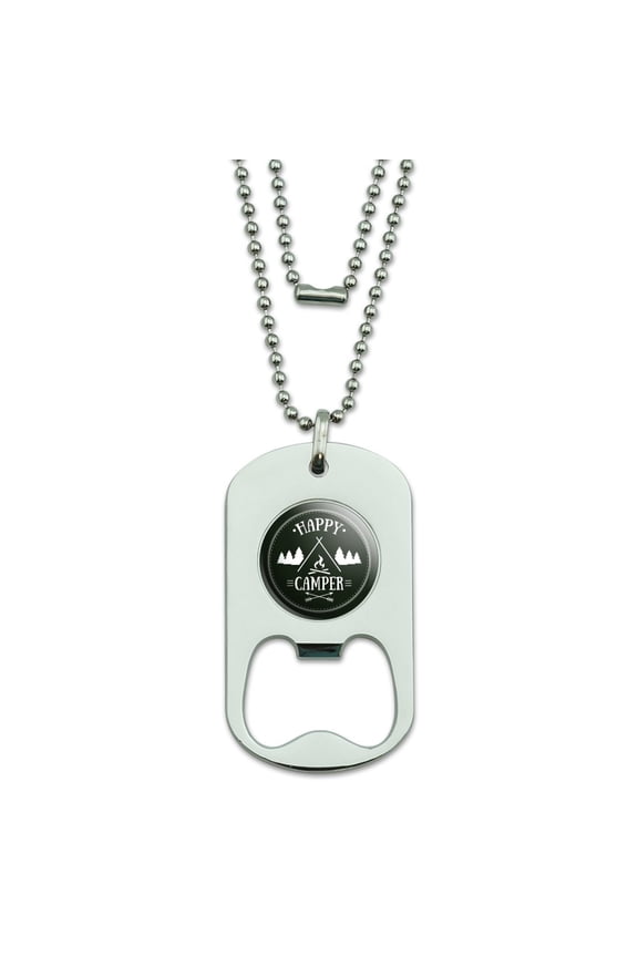Happy Camper with Campfire Military Dog Tag Bottle Opener Pendant