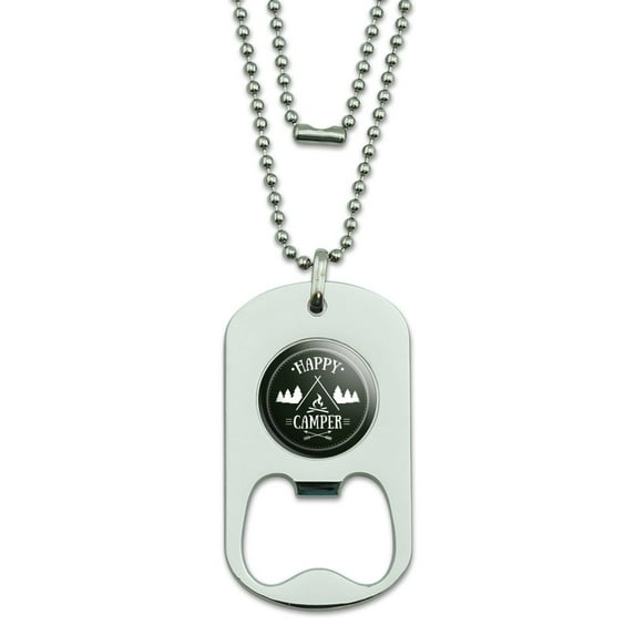 Happy Camper with Campfire Military Dog Tag Bottle Opener Pendant