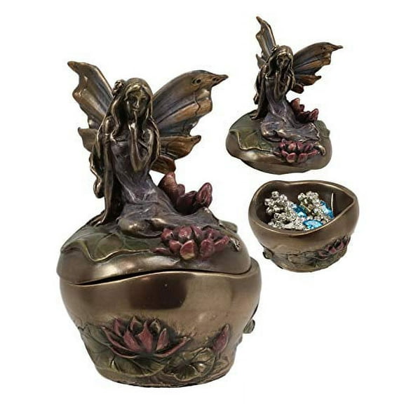 Ebros Art Nouveau Water Lily Fairy Small Trinket Decorative Jewelry Box 3"H