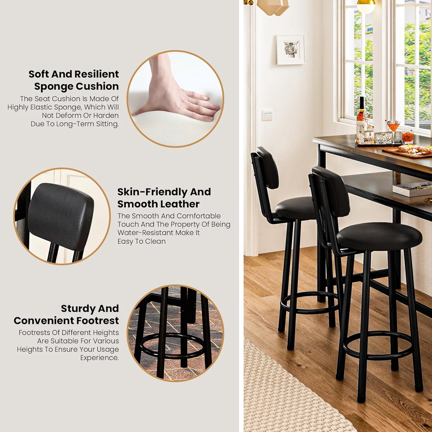 LinkRomat Bar Table and Chairs Set for 2, Marble Kitchen Island Table with 2 PU Bar Stools, Tall Kitchen Table and Chairs with Storage for Small Spaces, Home & Apartment, Brown