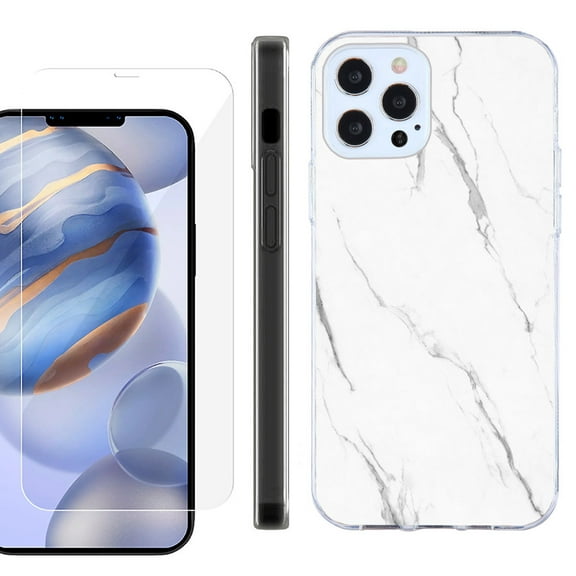 Slim Fit Protective Phone Case for Apple iPhone 12 / iPhone 12 Pro, with Tempered Glass Screen Protector, by OneToughShield ® - Marble / White