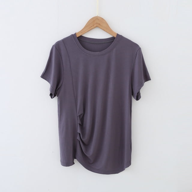AherBiu T-Shirts à Col Rond pour Femmes, Coupe Ample, Plissés, T-Shirts Unis, Été, Décontractés, Extensibles, Confortables, Doux