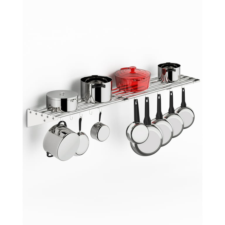 ABUKY Metal Kitchen Rack for Storage and Organization, 12 x 60 Stainless  Steel Wall Mount Shelf with 10 S Hooks for Hanging Pots, Pans, Cookware in
