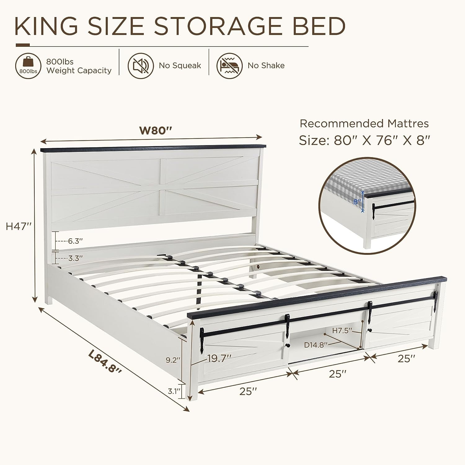 T4TREAM Farmhouse King Size Platform Bed Frame with Headboard and 3 Barn Door Storage Cabinets, No Box Spring Needed, Mattress Not Included, White