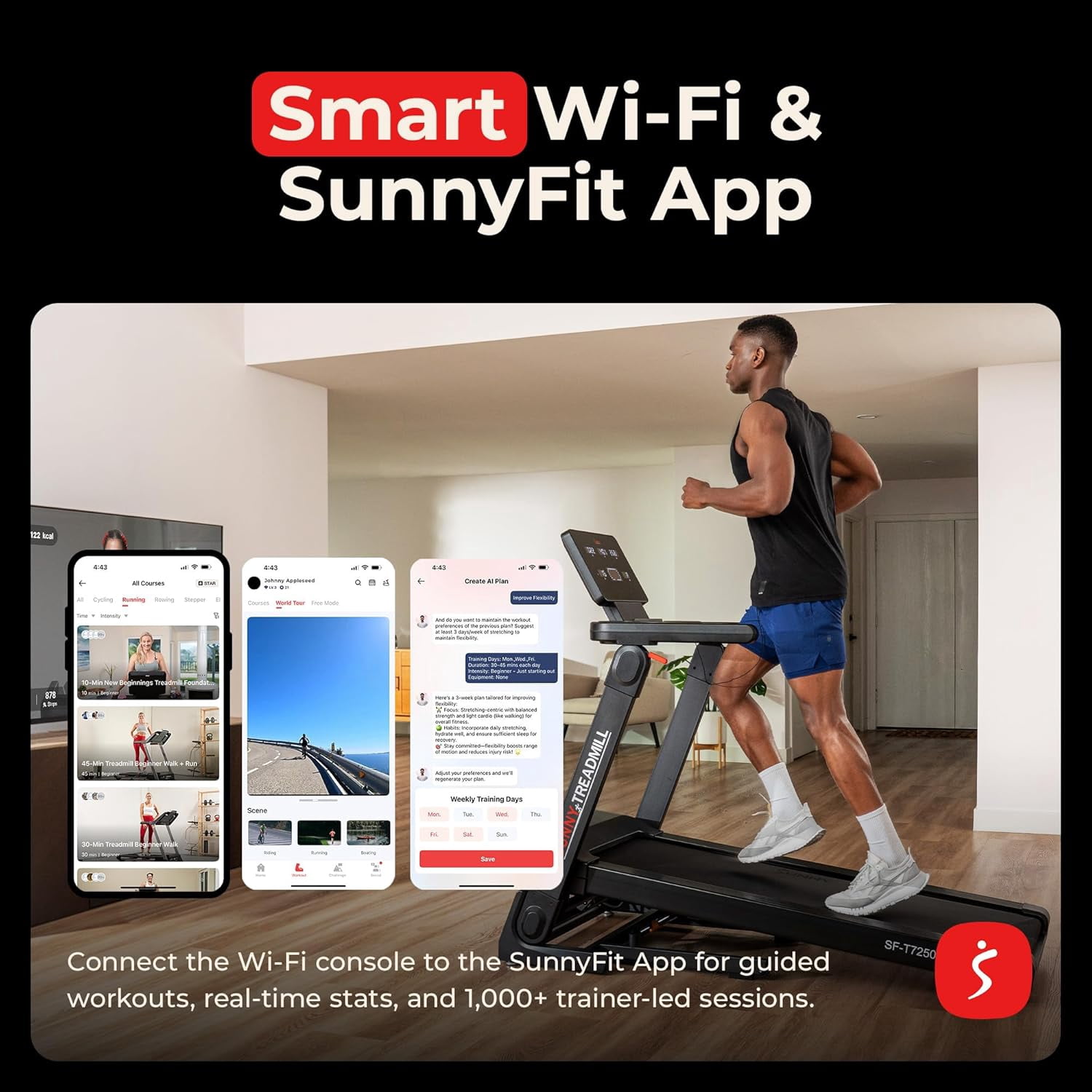 Sunny Health & Fitness Platinum Smart Fold Treadmill, No Assembly, SunnyFit App with Trainer-Led Workouts, Built-In Wi-Fi, Auto Incline, Brushless Motor, 300 LB Capacity