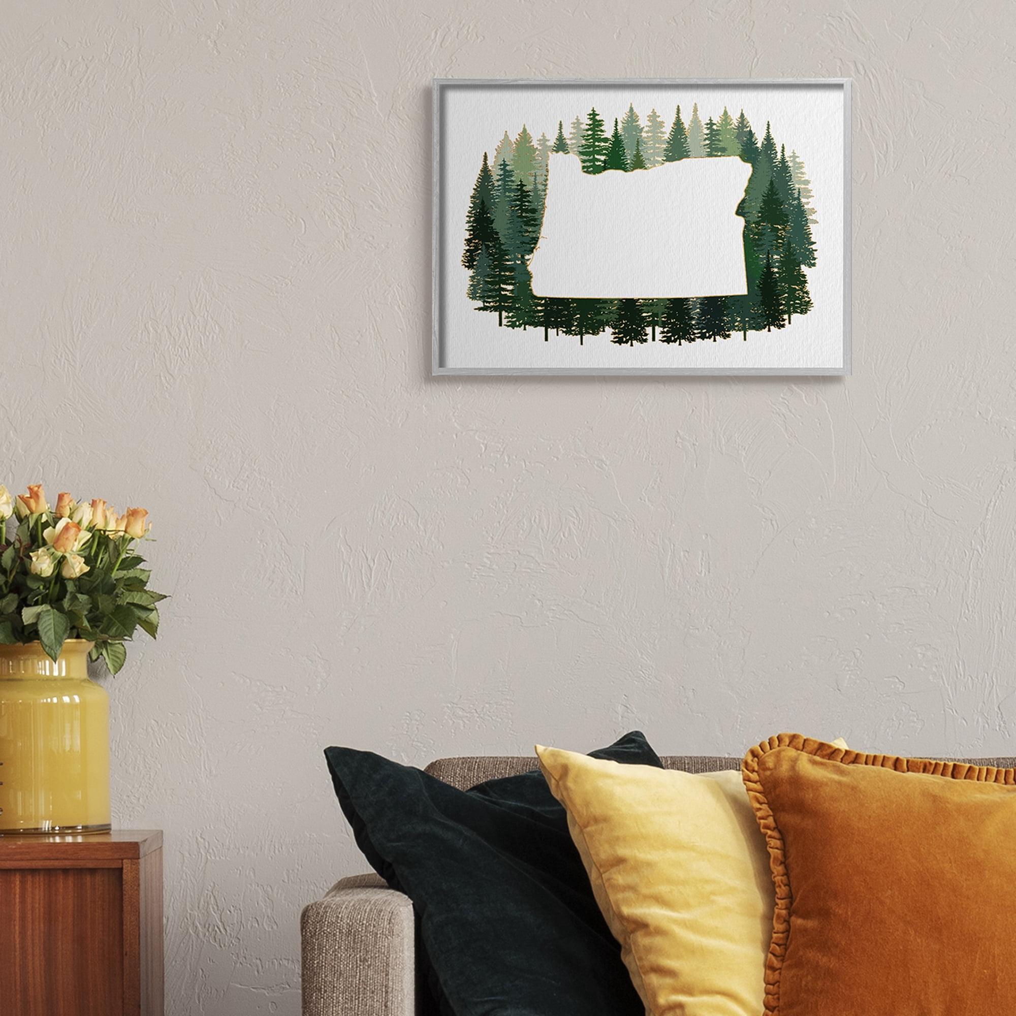 Stupell Industries Oregon State Outline Green Pine Tree Forest Town & City Painting Gray Framed Art Print Wall Art, 16 x 20