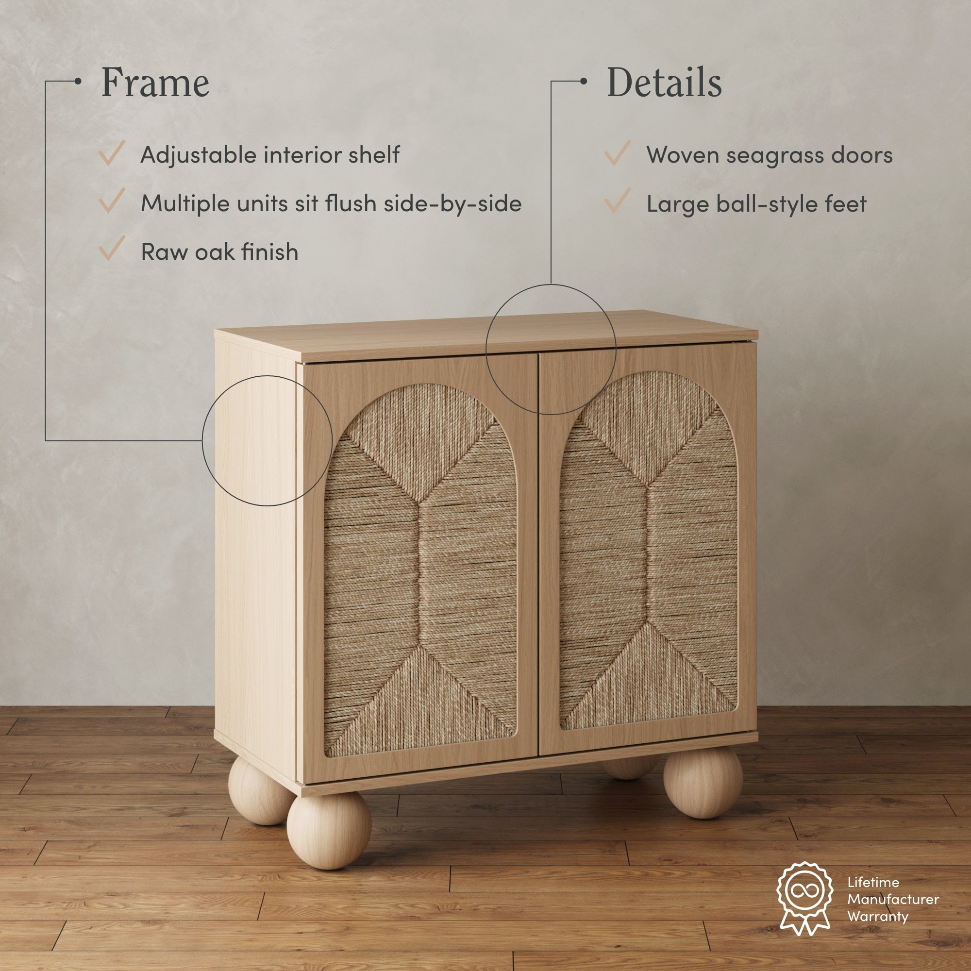 Nathan James Leah Boho Entryway Storage Cabinet or Sideboard Cabinet for Kitchen or Living Room with Ball-Style Feet, Natural Seagrass Door Fronts and Solid Wood Legs, Raw Oak
