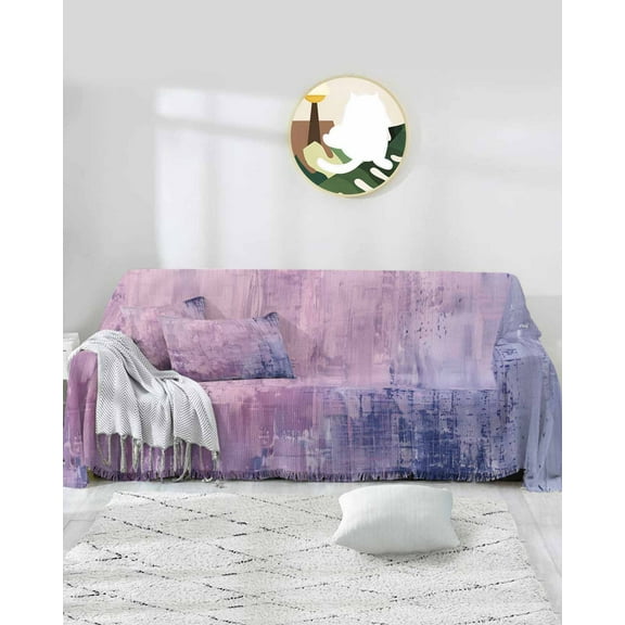 Purple Blue Sofa Covers for 3 Cushion Couch, Washable Sectional & L Shape Couch Covers for Dog/Cat/Kids, Contemporary Painting Abstract Smear Art Non Slip Sofa Slipcover Tassel Futon Cover 71x150