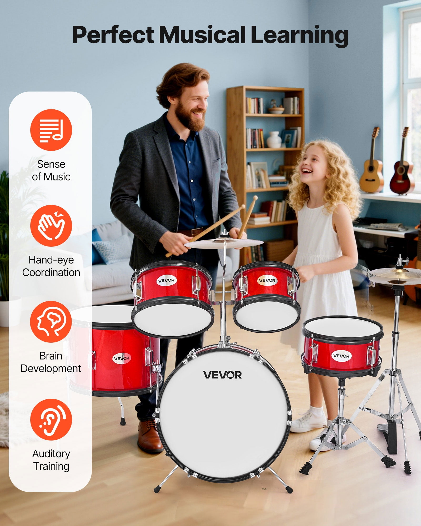 VEVOR Kids Drum Set, 5-Piece 16 in Junior Drum Sets, Beginner Drums Set with Adjustable Throne, Cymbal & Two Pairs of Drumsticks(Red)