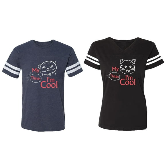 My Dog Cat Think I am Cool Matching Couple Cotton Jerseys (Men Navy / Women Black) (Men S / Women S)