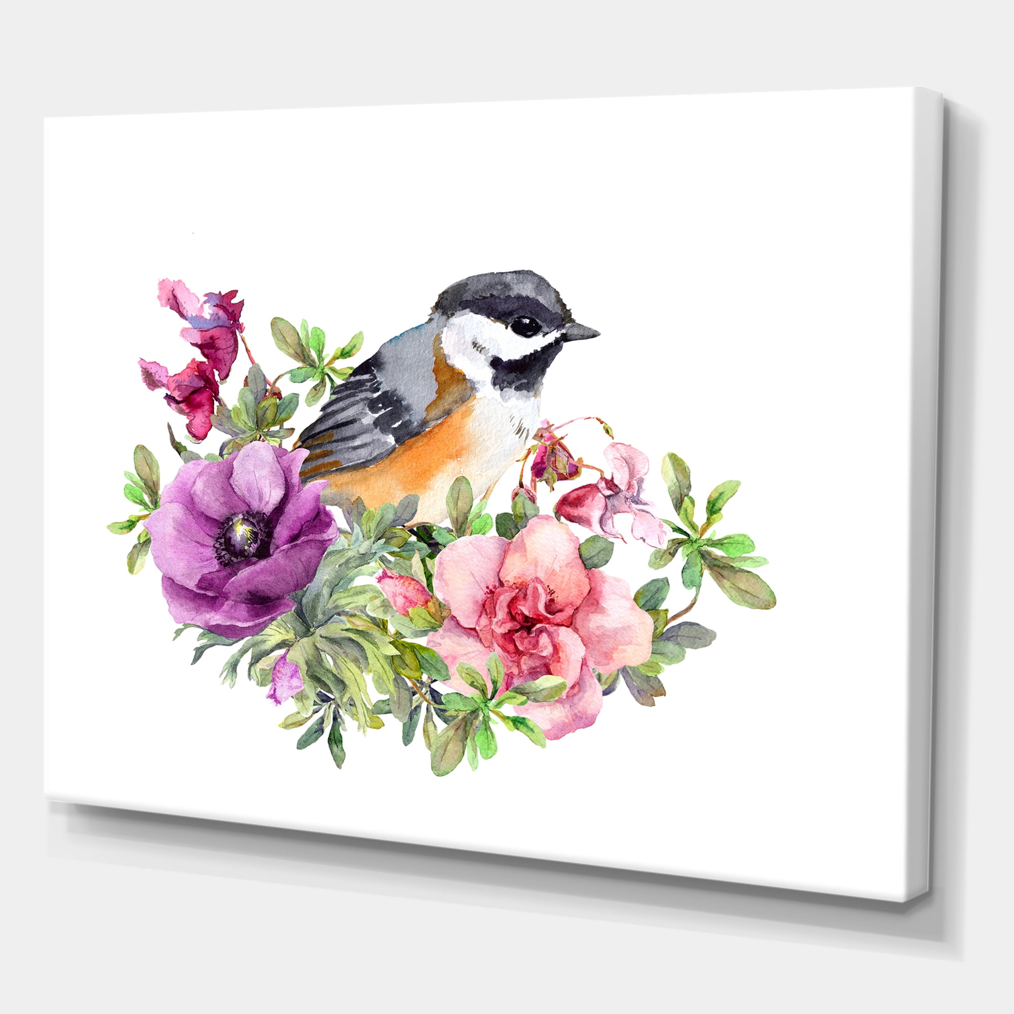 Designart ' Cute Bird In Purple and Pink Flowers ' Traditional Canvas Wall Art Print