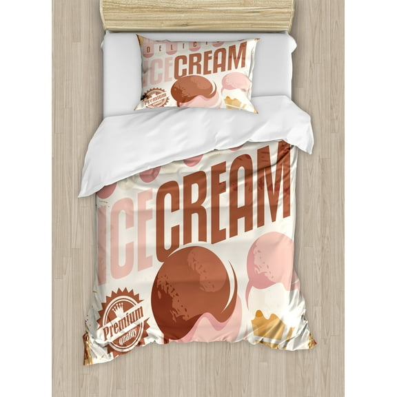 Ice Cream Duvet Cover Set, Pop Art Style Nostalgic Homemade Ice Cream Emblem Graphic Print, Decorative 2 Piece Bedding Set with 1 Pillow Shams, Twin Size, Pale Pink Chocolate, by Ambesonne