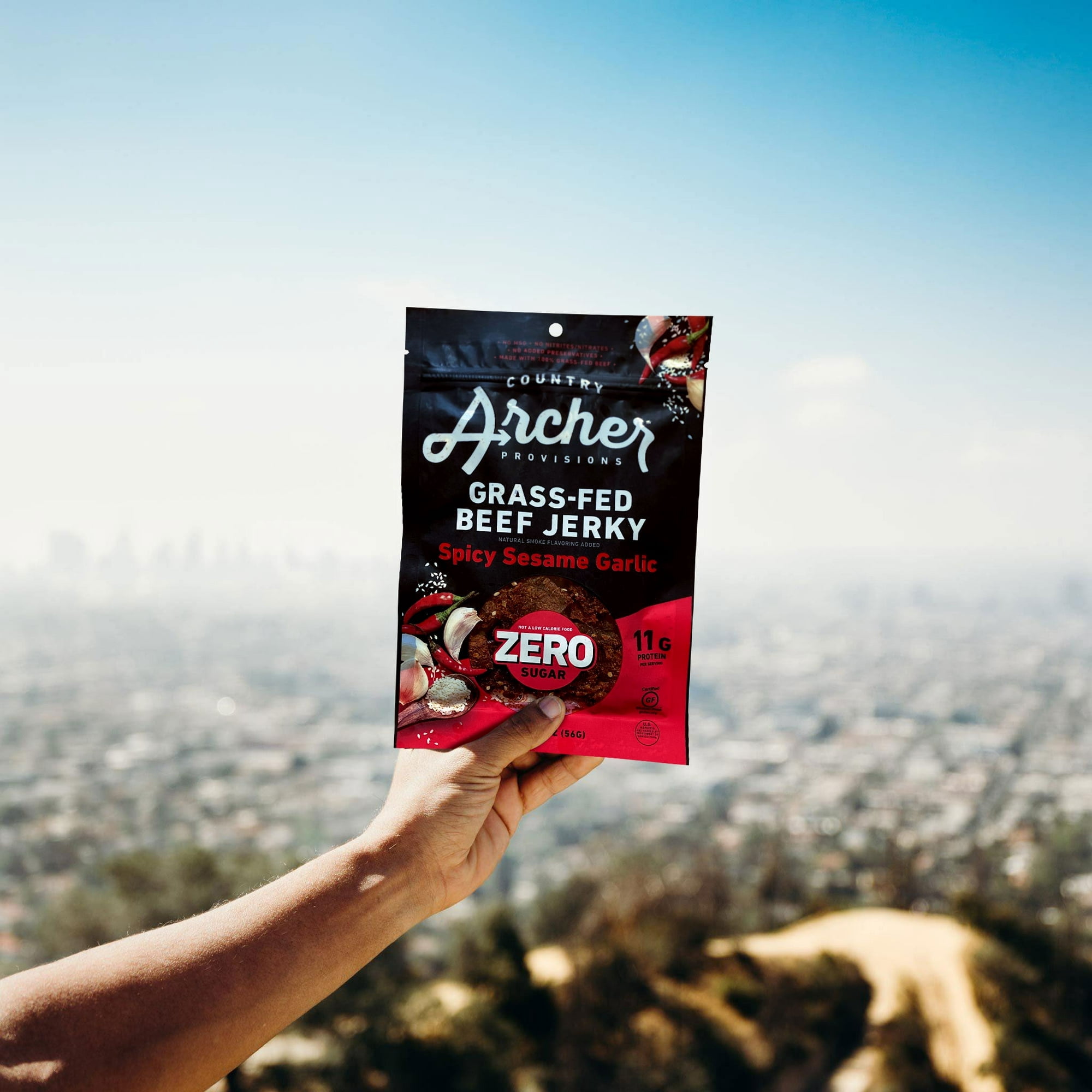 Pack of 12, Country Archer Zero Sugar Spicy Sesame Garlic Beef Jerky, 2 oz