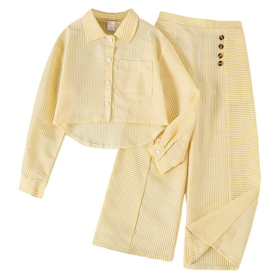 Utlike Girls Outfits Sets Casual Long Sleeve Shirt With Striped Wide Leg Pants Spring Autumn Comfortable Stylish Outfit Matching Sets For Girl Size 8 Years-9 Years