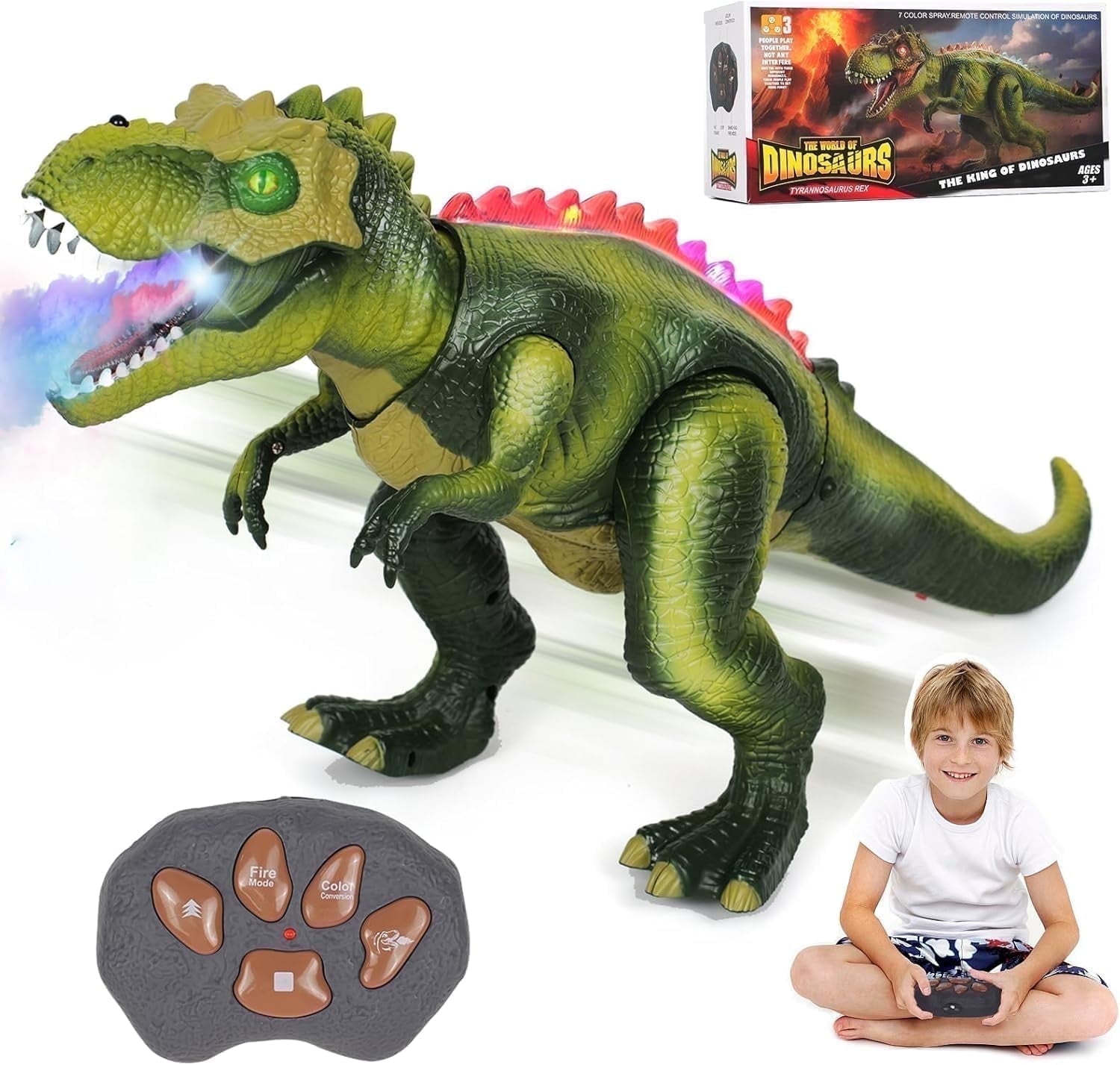 XINGLUKE Remote Control Dinosaur Toys for Kids, Walking RC T-Rex Toys with Light, Colorful Sprays and Roars Sounds for Boys Girls 3+ Years Old