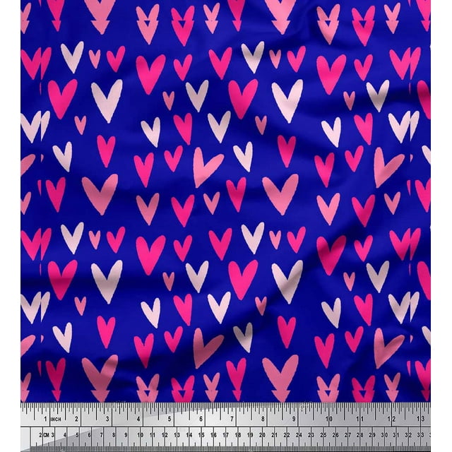 Soimoi Tissu Georgette Poly Bleu Imprimé Cœur Rose au Mètre 42 Pouces de Large