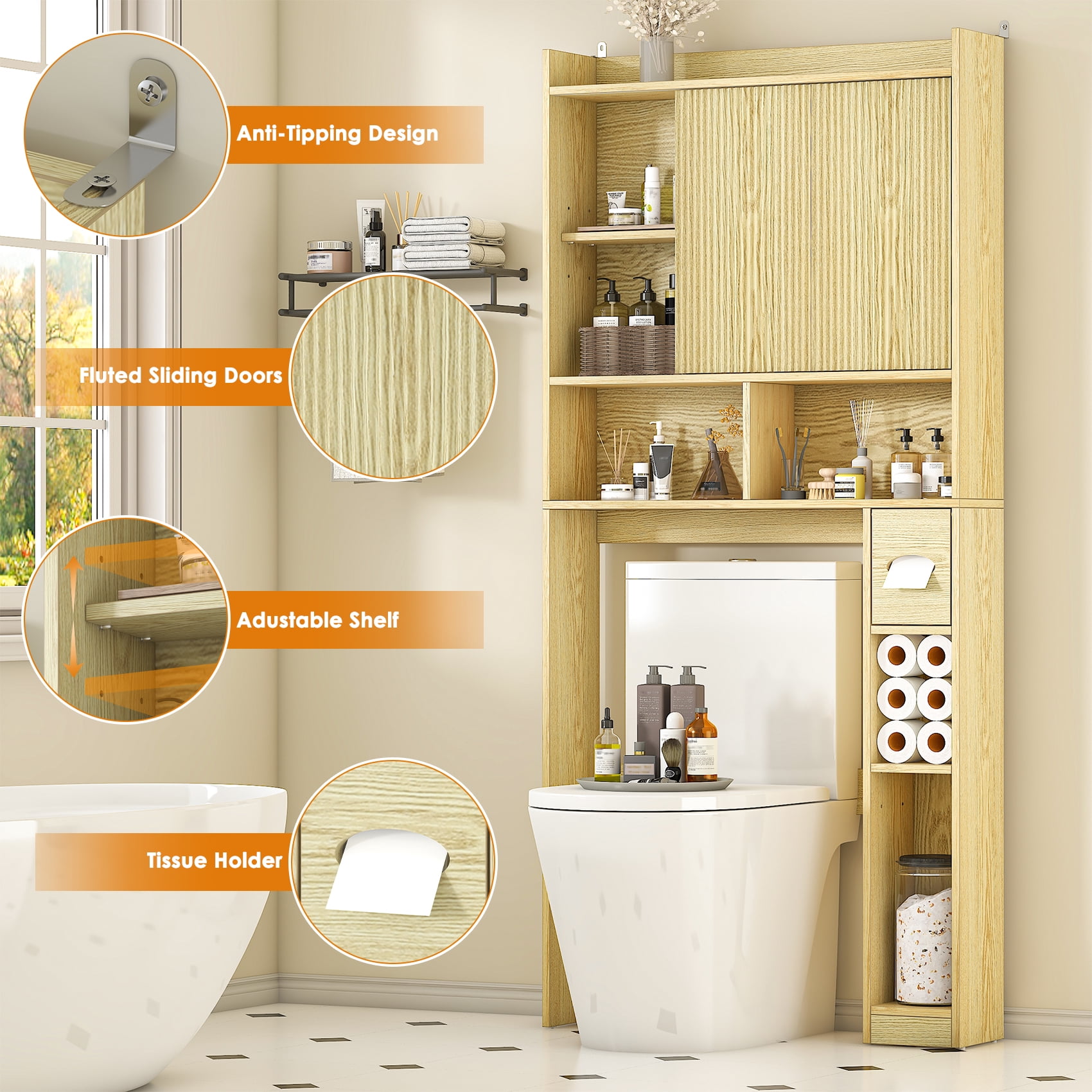 Frmobepts Over The Toilet Storage Cabinet with Toilet Paper Holder Stand, Above Toilet Organizer with Doors, Behind Toilet Shelf for Restroom, Bathroom, Laundry, Oak